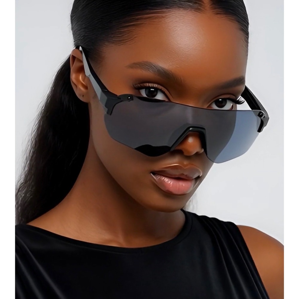 Women Black Shield Wrap Sunglasses Sporty Rimless Performance Eyewear Tech Gafas